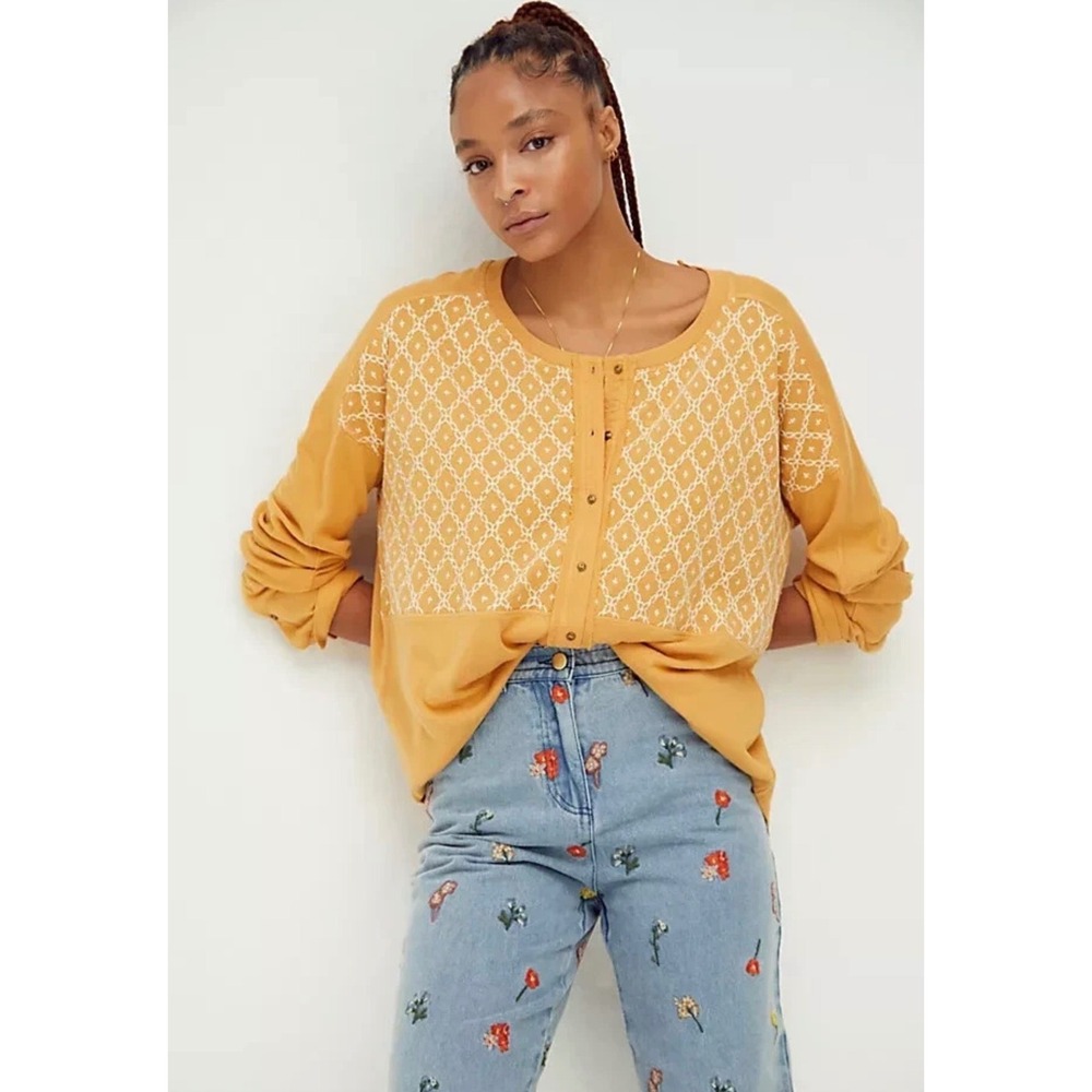 We The Free People Free Spirit Henley‎ Small Mustard Yellow Embroidered Top Boho